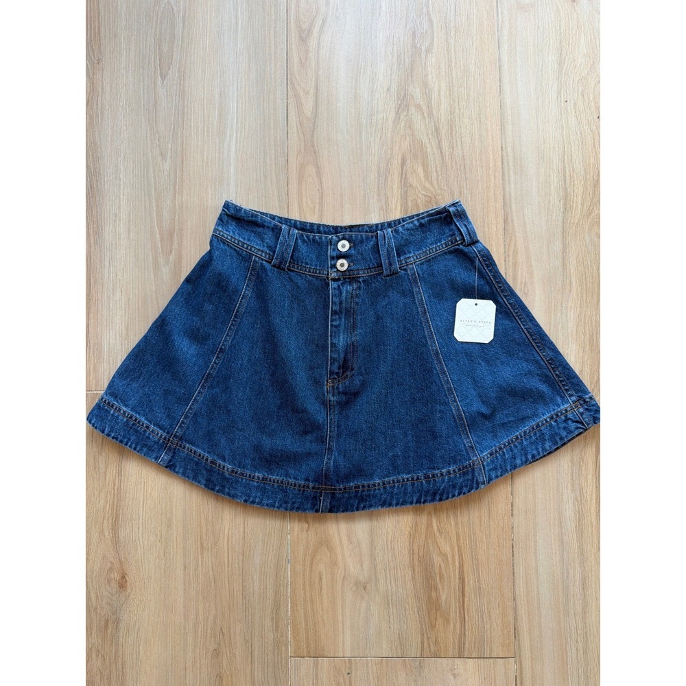 Altar'd State Womens‎ Denim Mini Skirt Blue Medium Wash A-Line Flared Size S NEW
